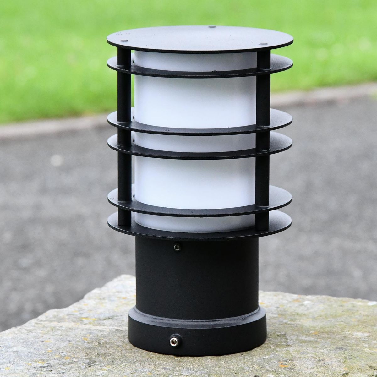 Black Steel Low Level Bollard Light in Situ on Pillar