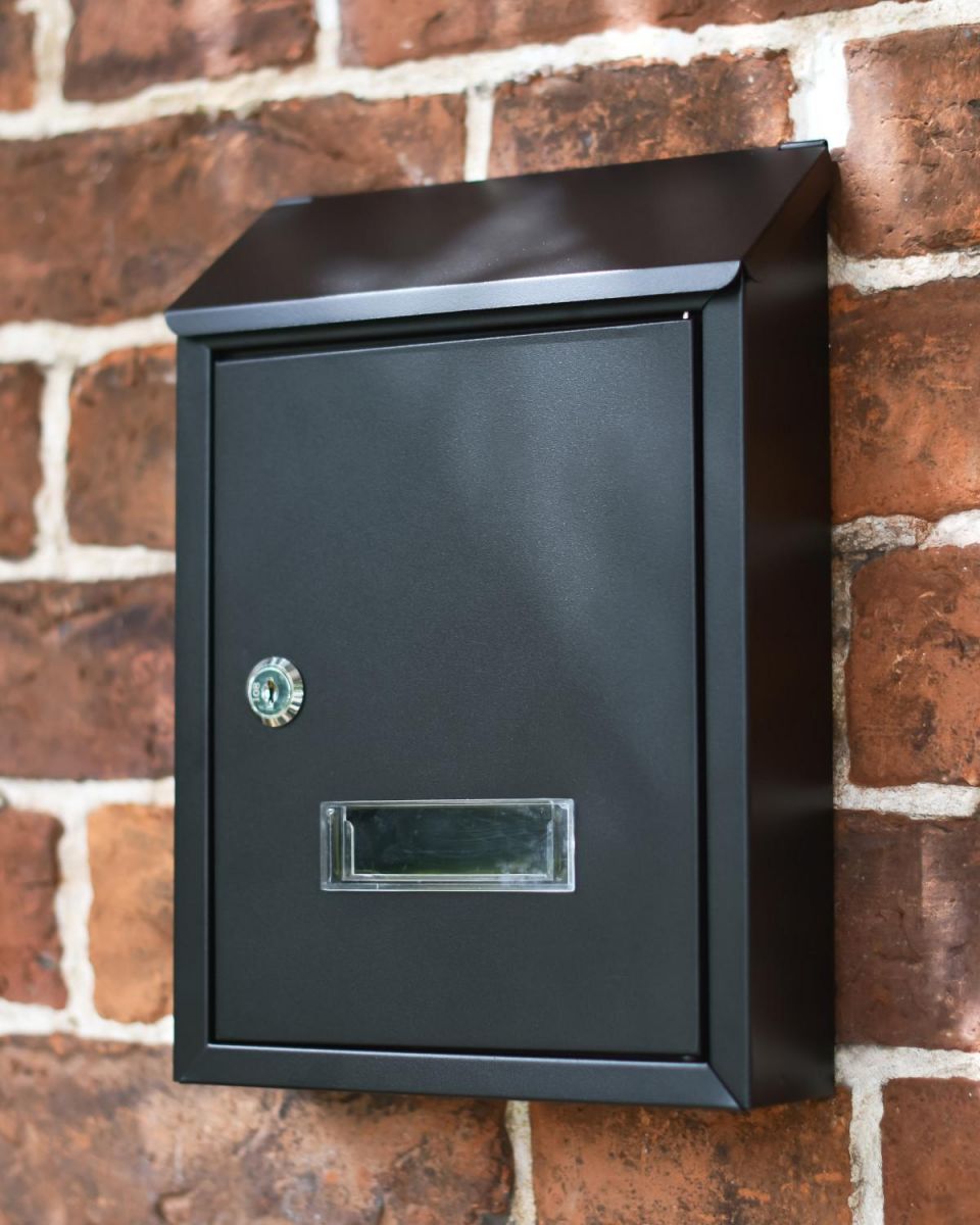 Black Steel Lockable Wall Mounted Post Box With a Visible Letter Window 