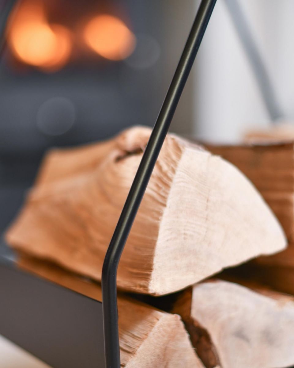 Close-Up of Black Open Design "Tepee" Log Holder