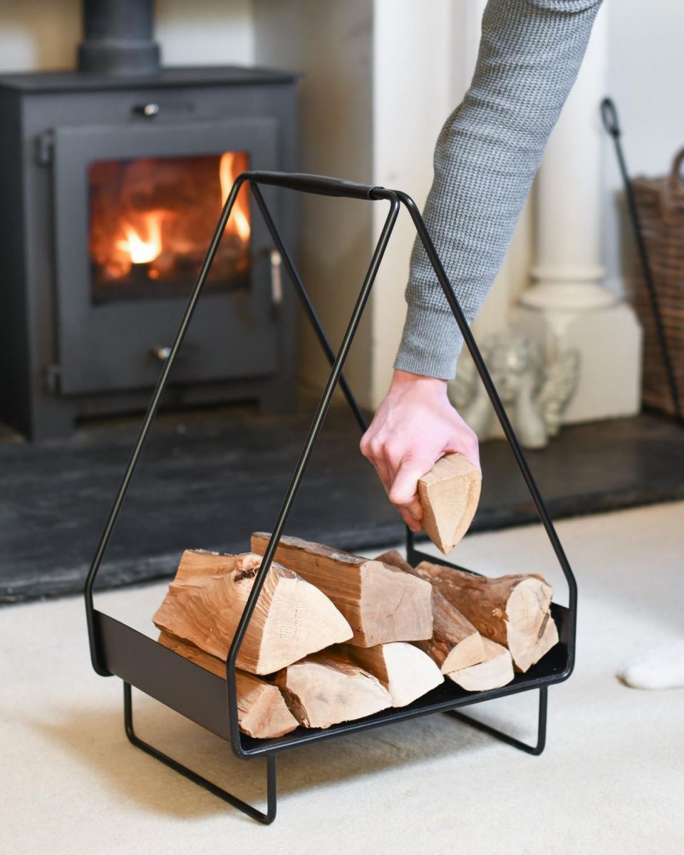 Scale Shot of Black Open Design "Tepee" Log Holder