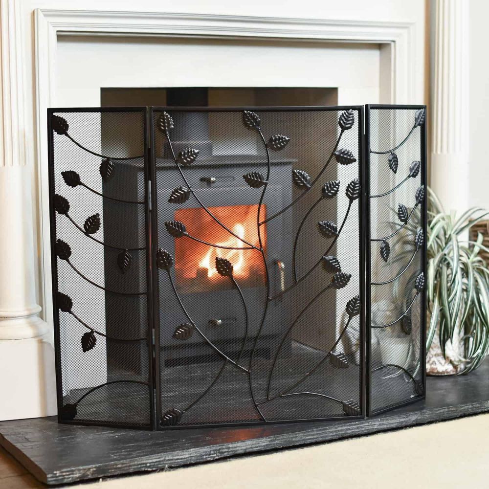 Black Three Fold Fire Guard with Leaf Detailing - 100cm