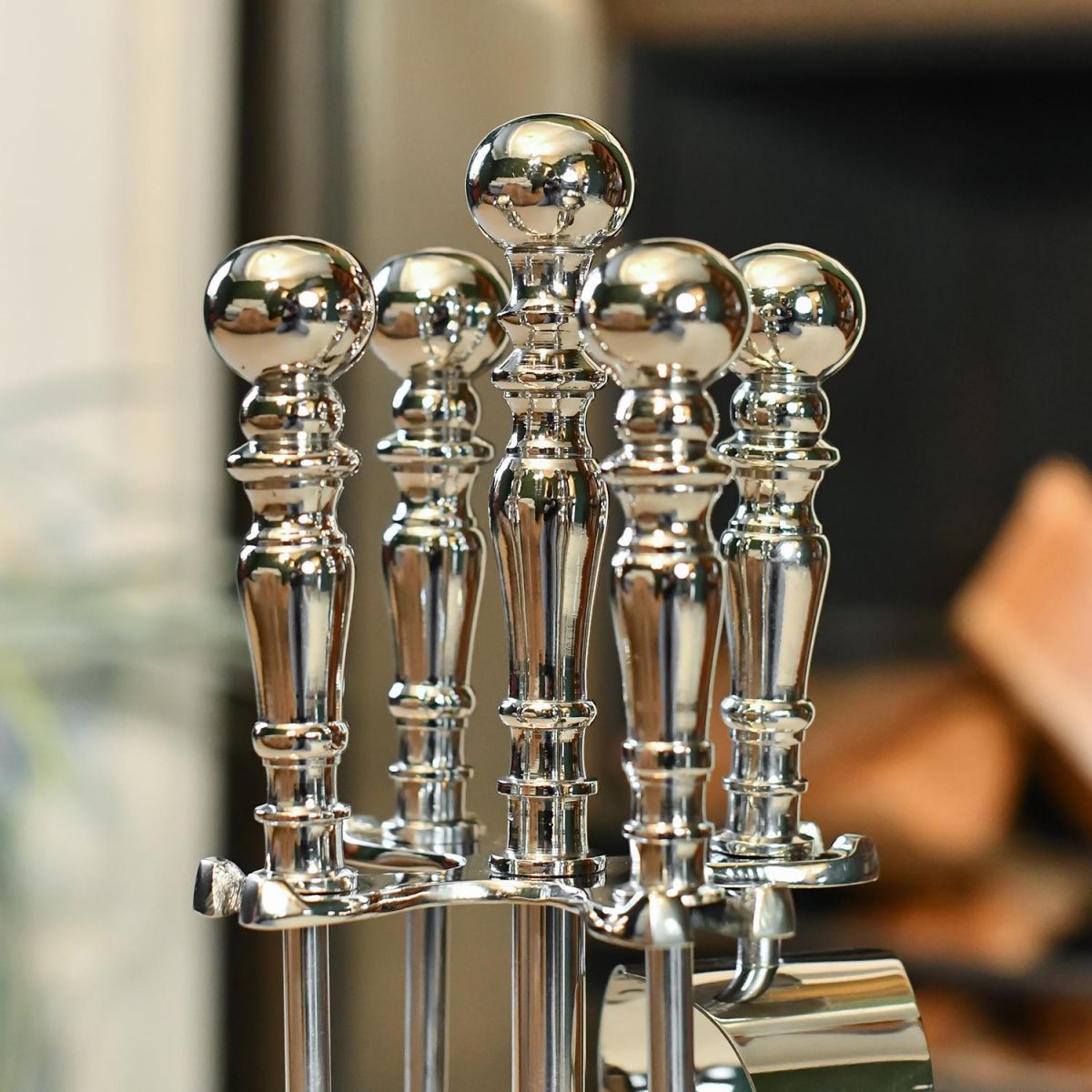 Close-up of the Handles on the "Blakeden Hall" Chrome & Wooden Companion Set