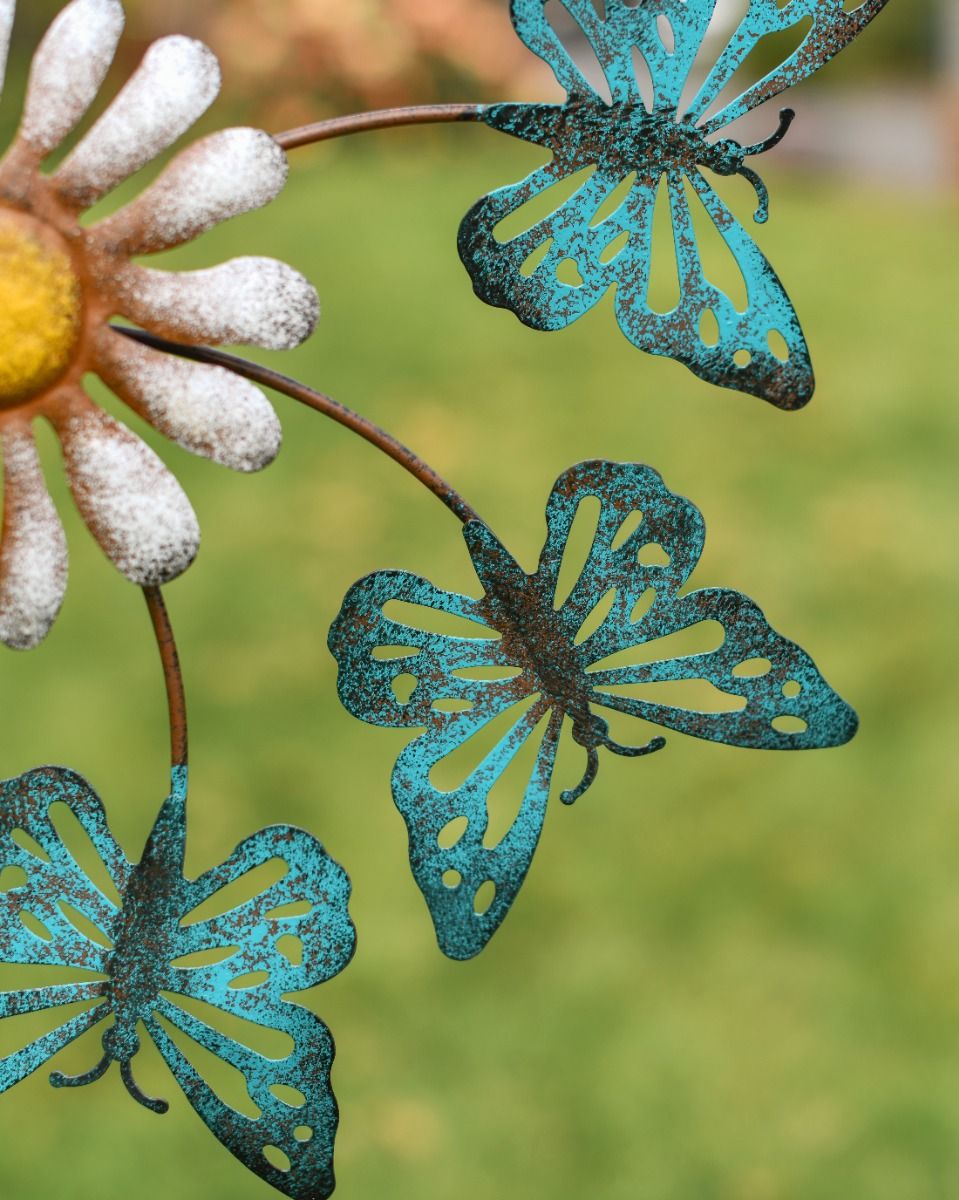 Blue Butterfly and Daisy Flower Garden Spinner Butterfly Detailing