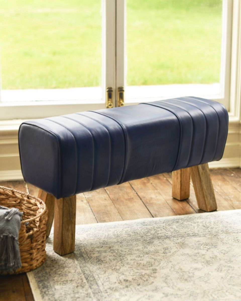 The "Cerulean" Blue Leather & Mango Wood Bench