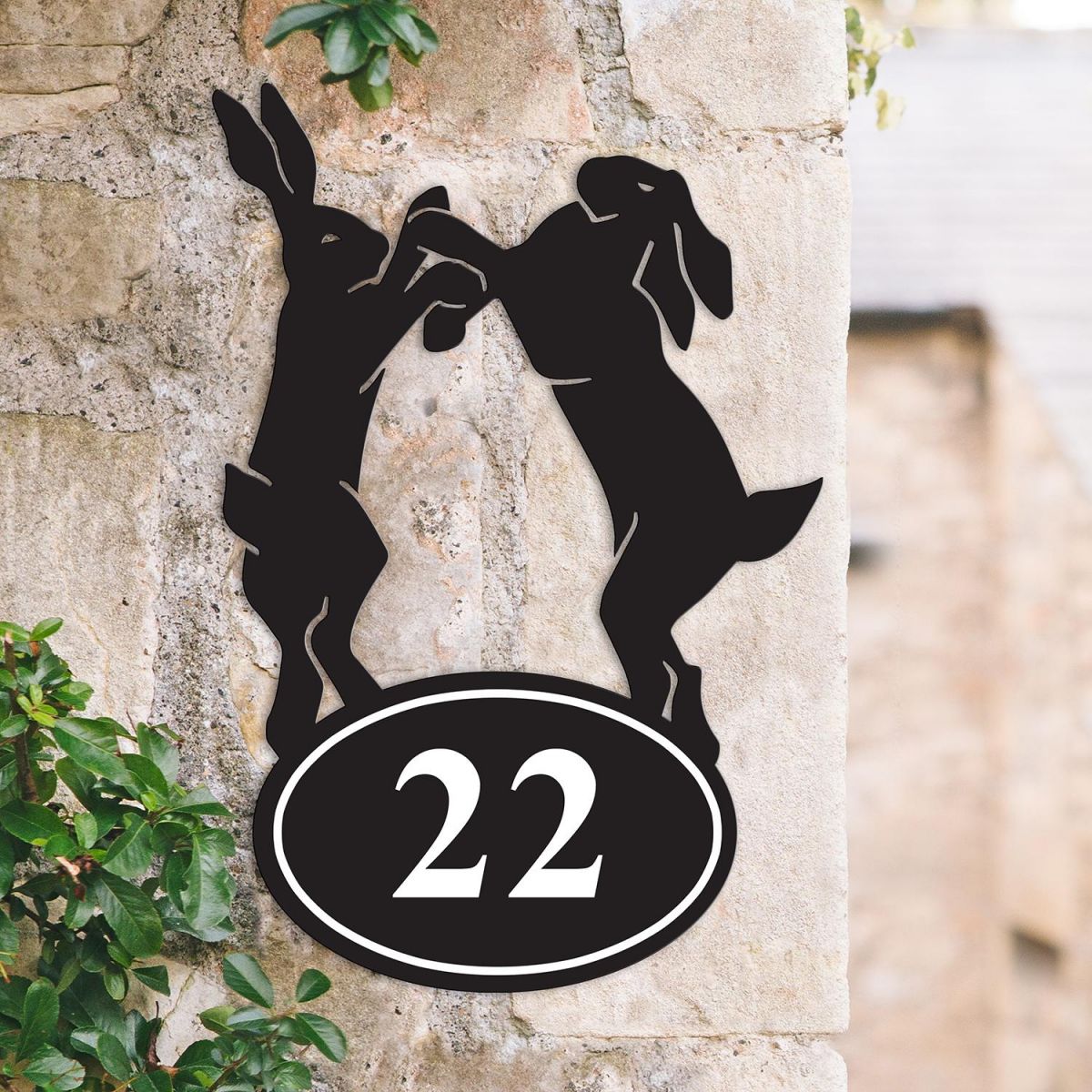 Boxing Hares Iron House Number Sign in Situ on a House