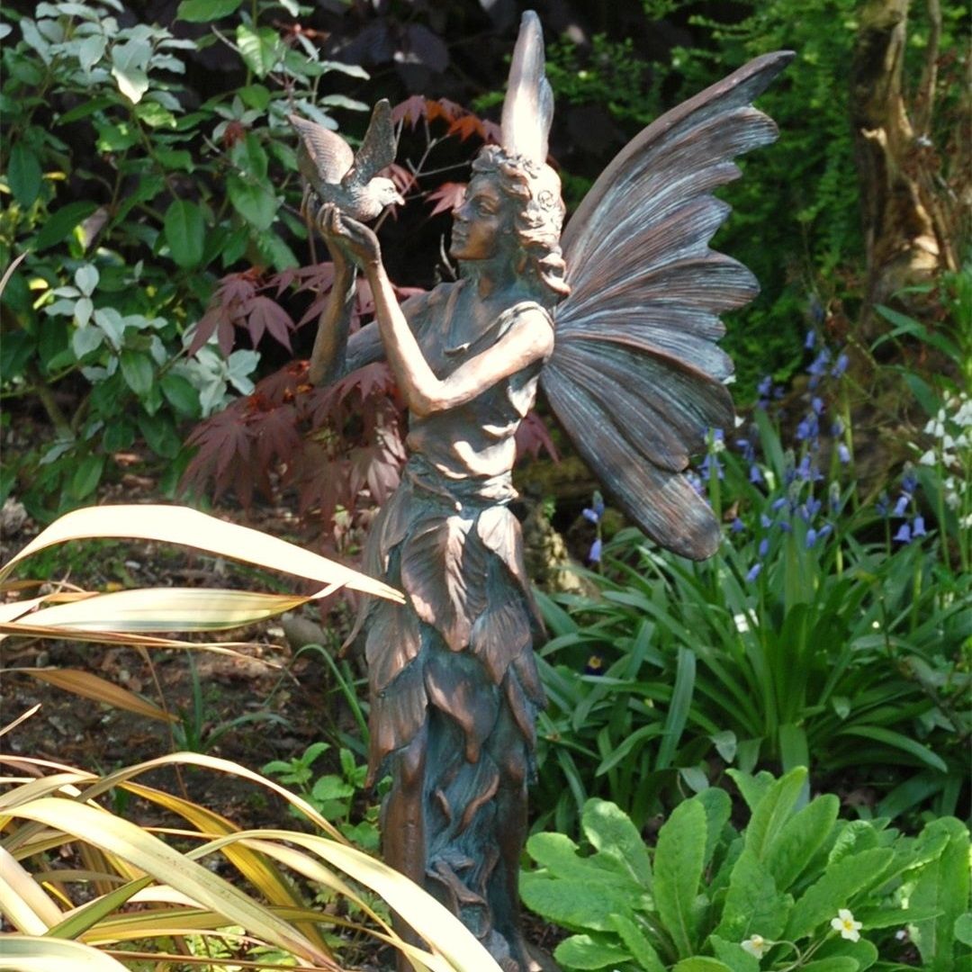 Bronze Effect Standing Fairy and Bird Sculpture