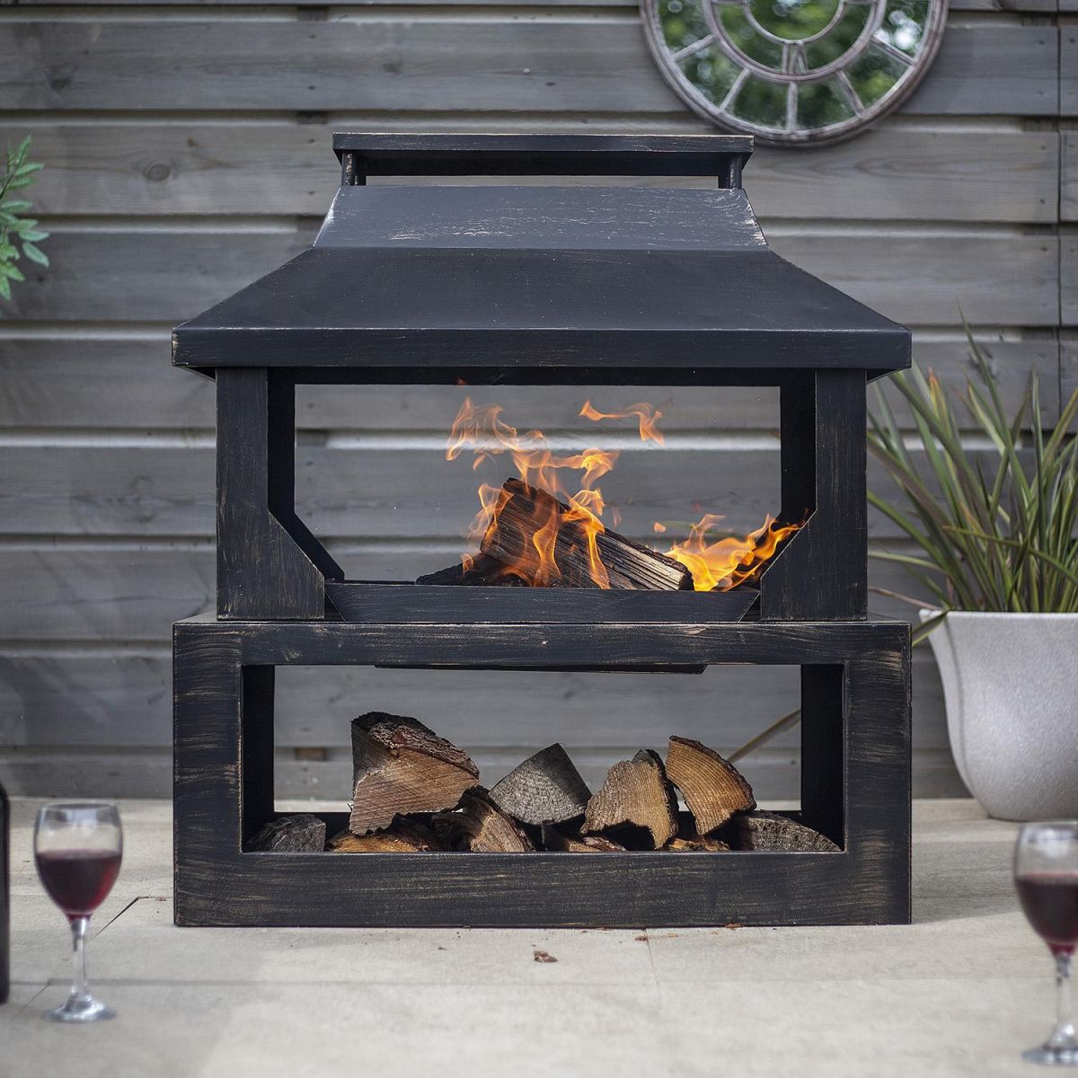 Wood Burner and Log Store in Bronze Finish