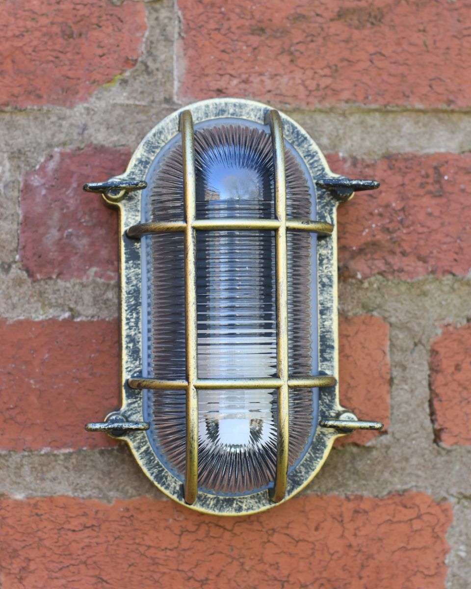 Front Of The Brushed Brass Skipper Bulkhead Wall Light