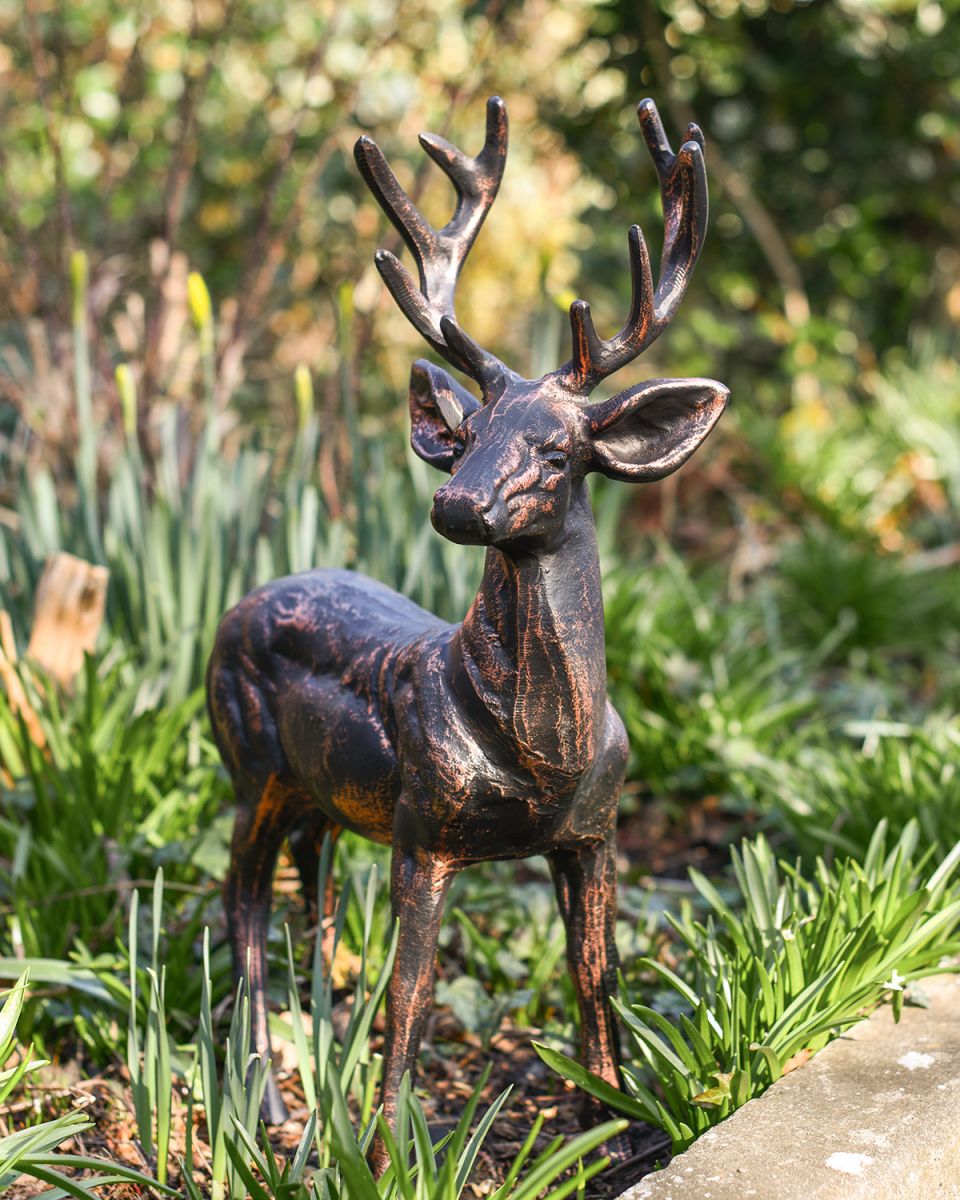Brushed Bronze "Brutus" Standing Buck Sculpture in Situ in the Garden