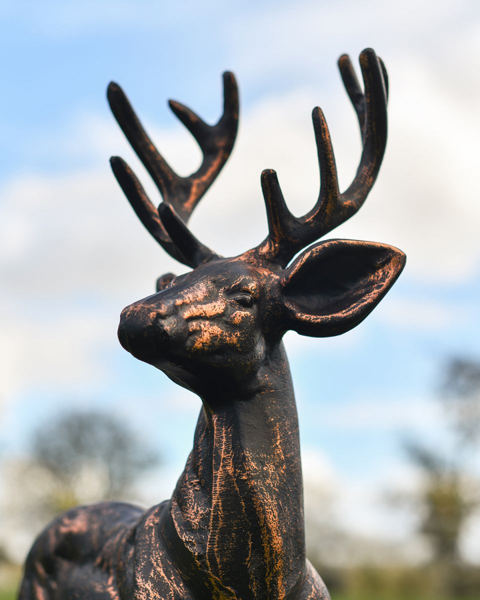 Close-up of the Head on the Brushed Bronze "Brutus" Standing Buck Sculpture 