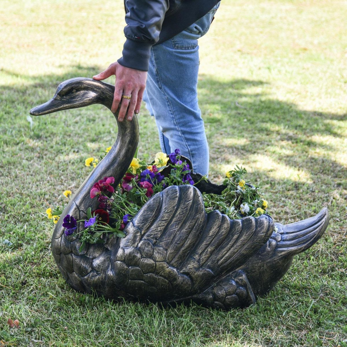 Brushed Gold Swan Flower Planter with Male for Scale 