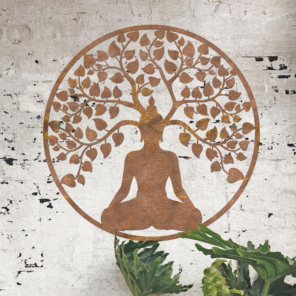 "Buddha Tree" Rustic Wall Art in Situ on a Rustic Brick Wall