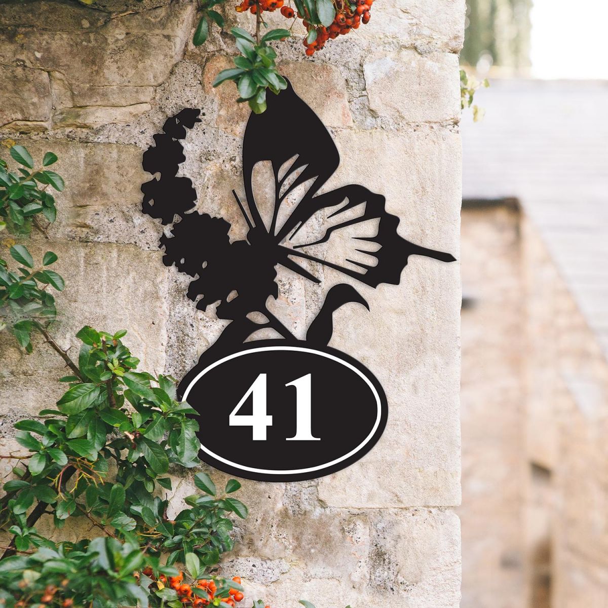 Bespoke Butterfly Iron House Number Sign in Situ