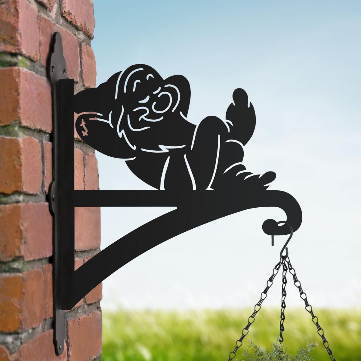 Cartoon "Sleeping" Dwarf Hanging Basket Bracket in Situ