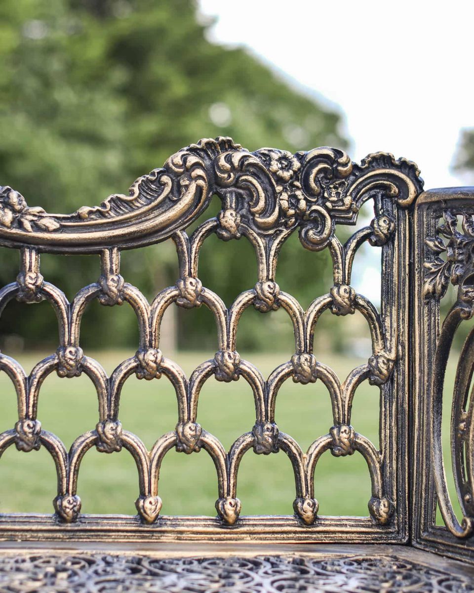 Close-Up of Backrest on Cast Aluminium "Roman Buckle" Three Seater Garden Bench