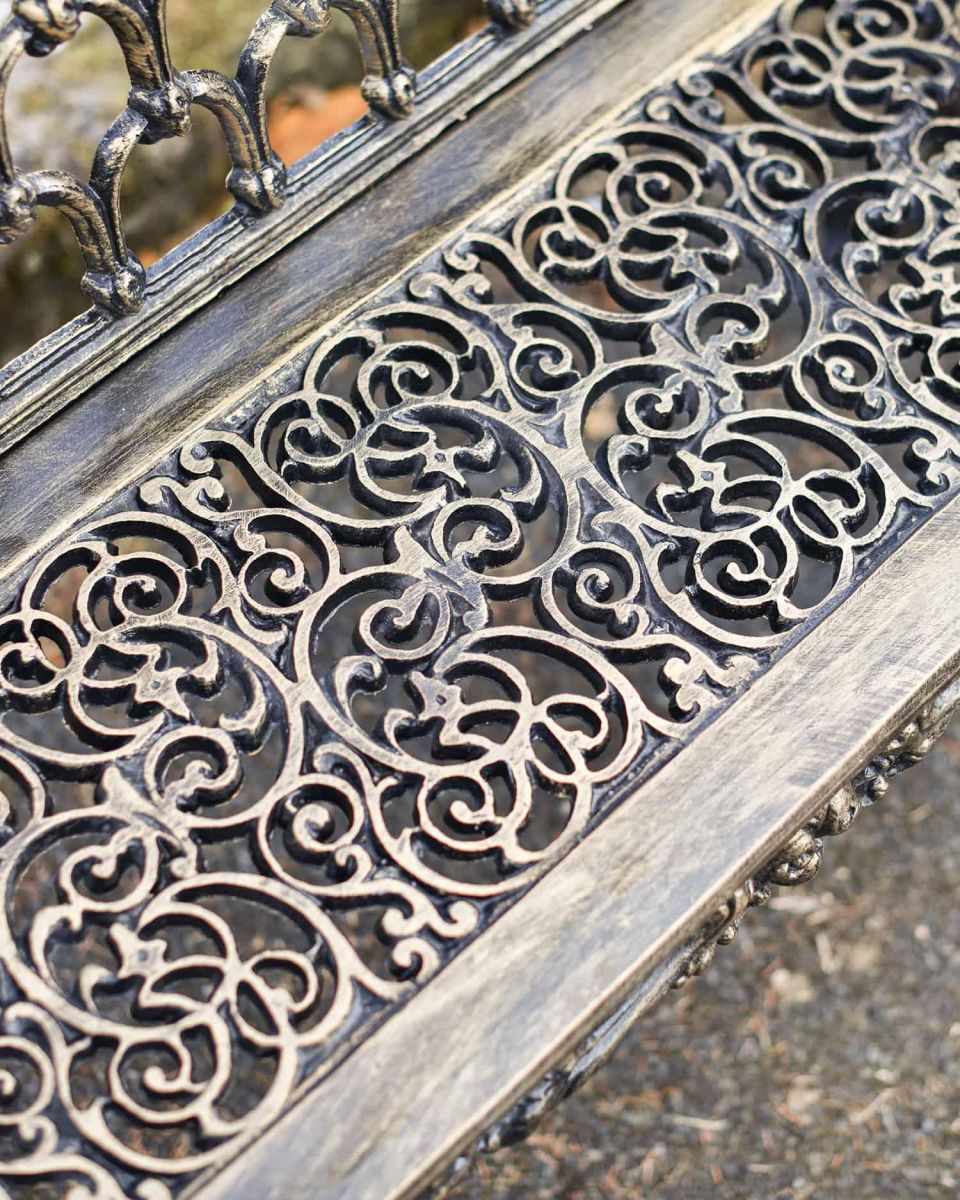 Close-Up of Seat on Cast Aluminium "Roman Buckle" Three Seater Garden Bench