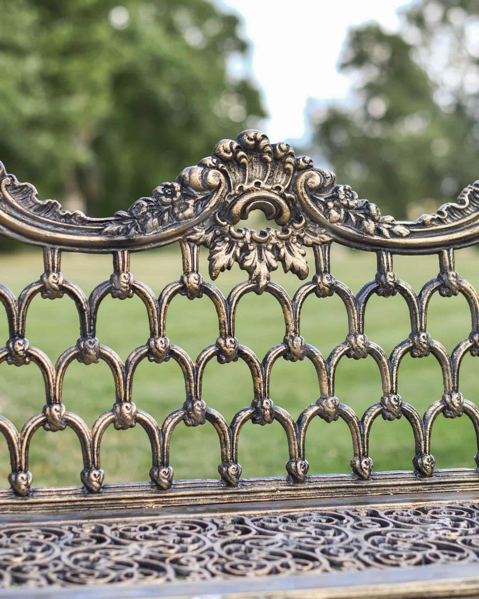 Close-Up of Cast Aluminium "Roman Buckle" Three Seater Garden Bench