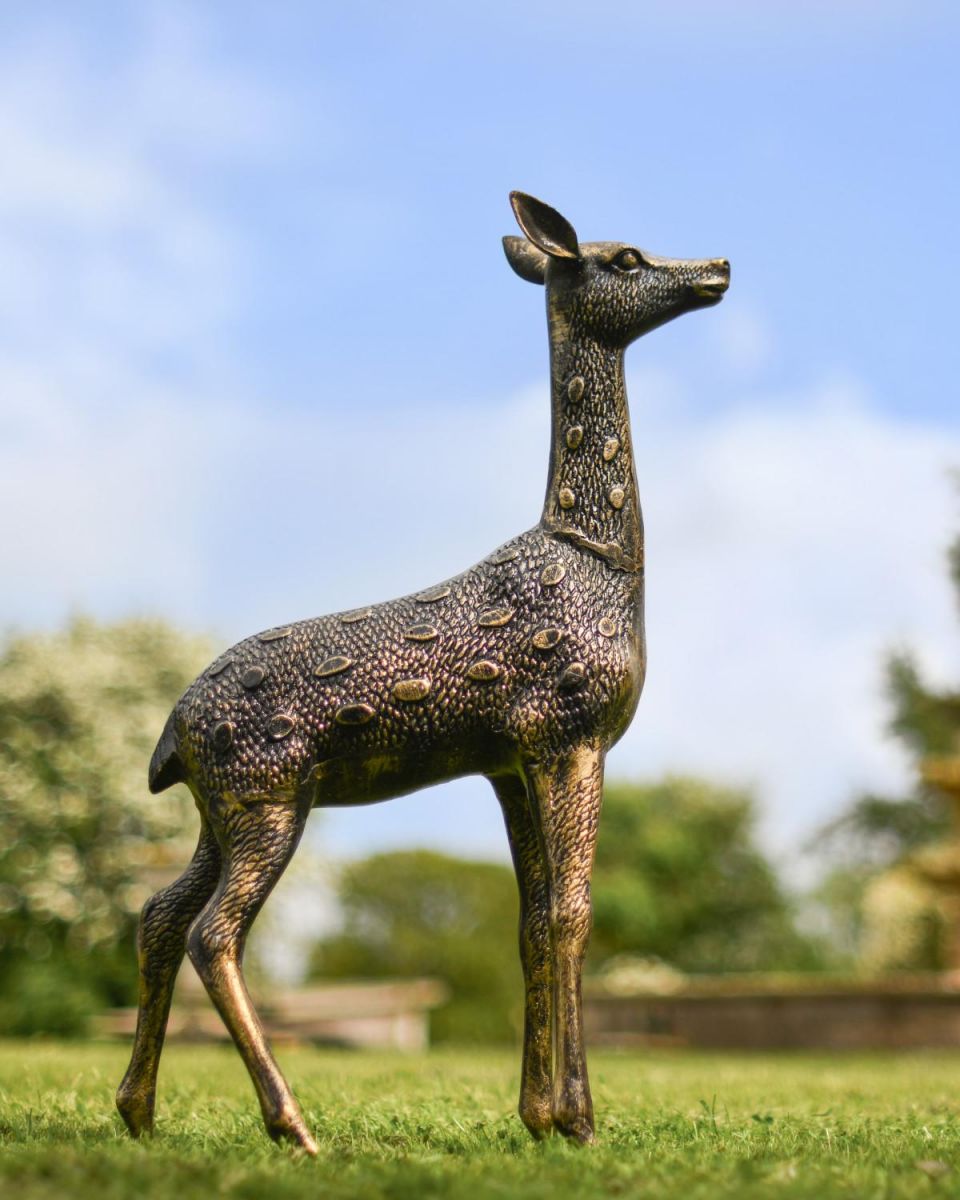 Cast Aluminium "Chiral" Freestanding Spotted Doe Garden Sculpture in Situ