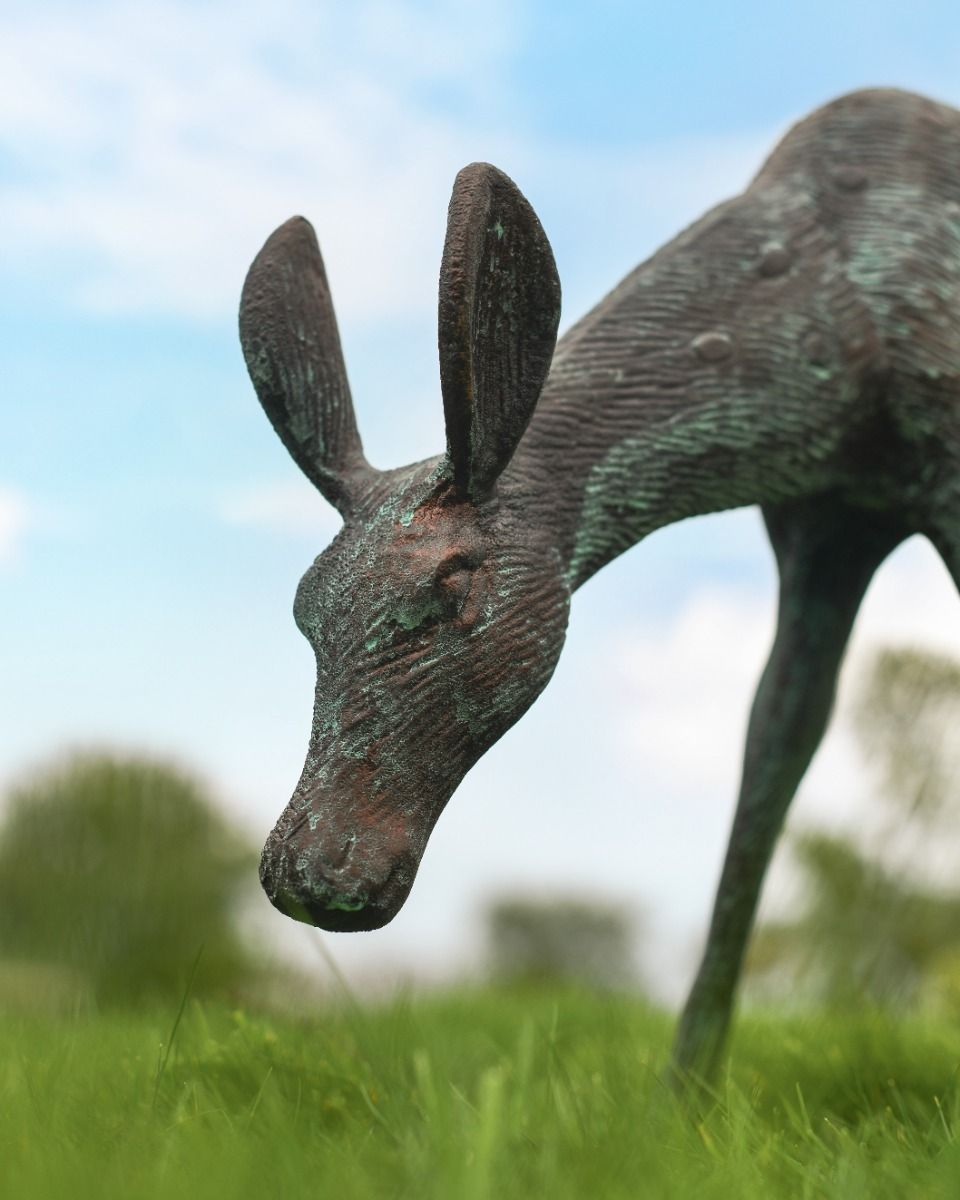 Cast Aluminium "Grazing" Doe Garden Sculpture in Verdigris Face Close Up