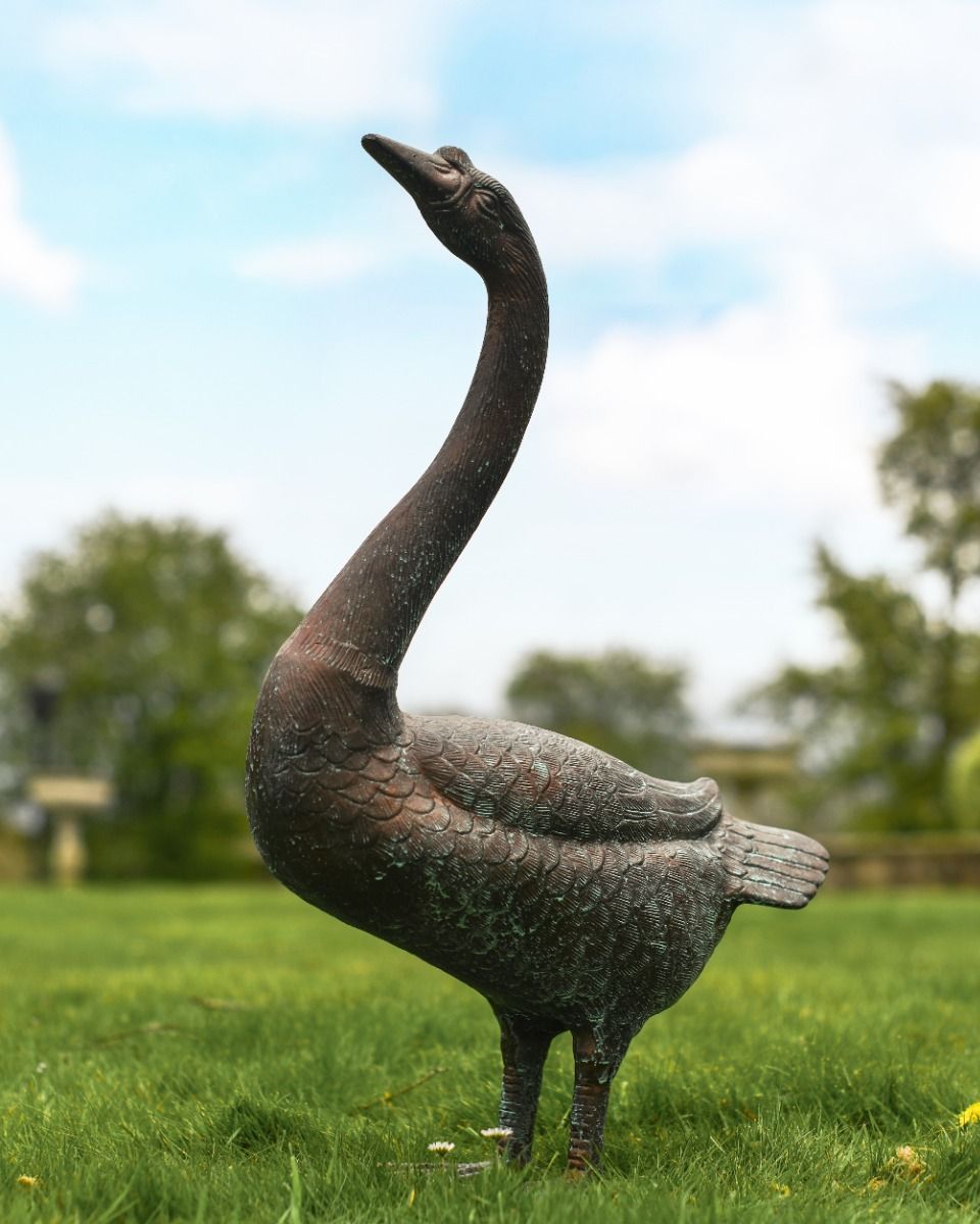 Cast Aluminum "Myles" Head Up Swan Garden Sculpture in Verdigris