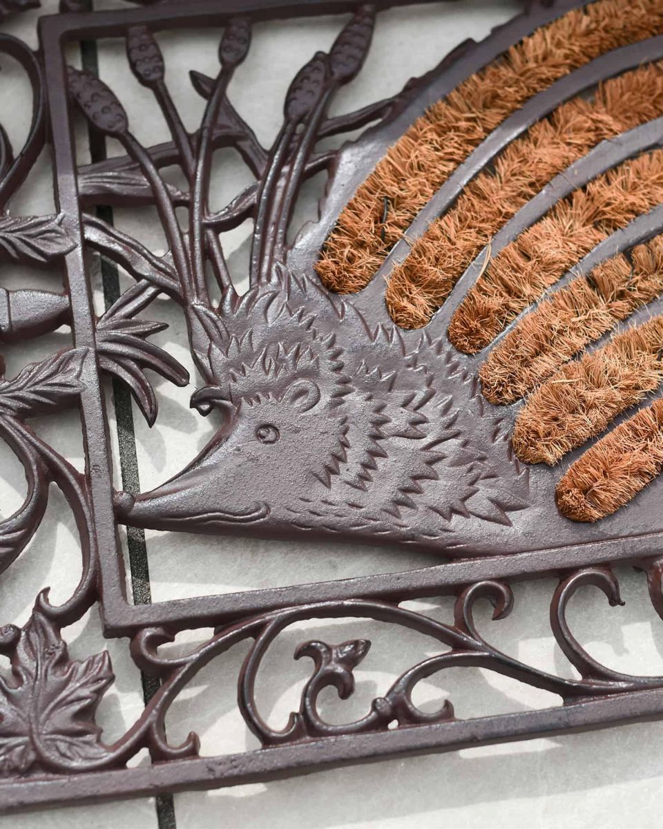Close-Up of Hedgehog Design on Doormat & Boot Scraper in Situ