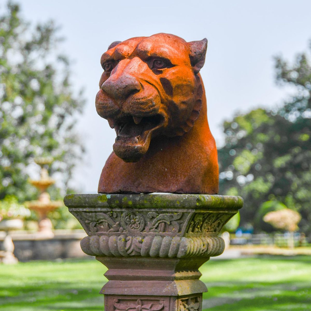 Cast Iron Rustic Jaguar Bust on Top of a Plinth