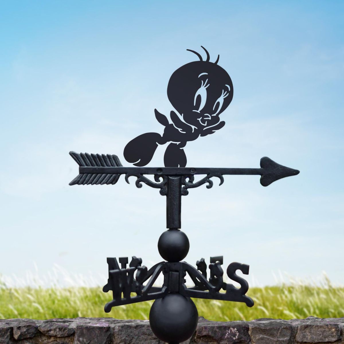 Cast Iron & Steel Weathervane with Cartoon Flying Bird Topper