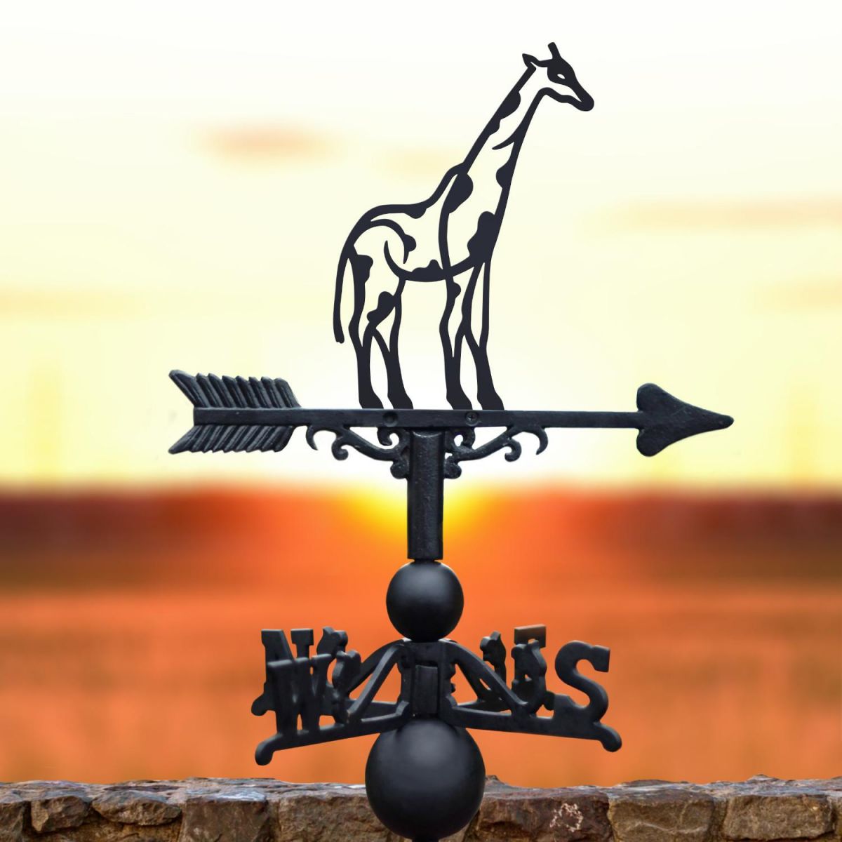 Cast Iron & Steel Spotty Modern Giraffe Weathervane in Situ
