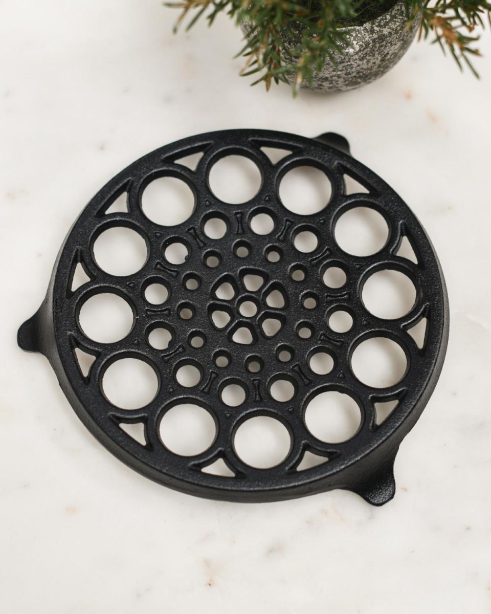Close-Up of Pattern on Circular "Spotted" Cast Iron Trivet in Black