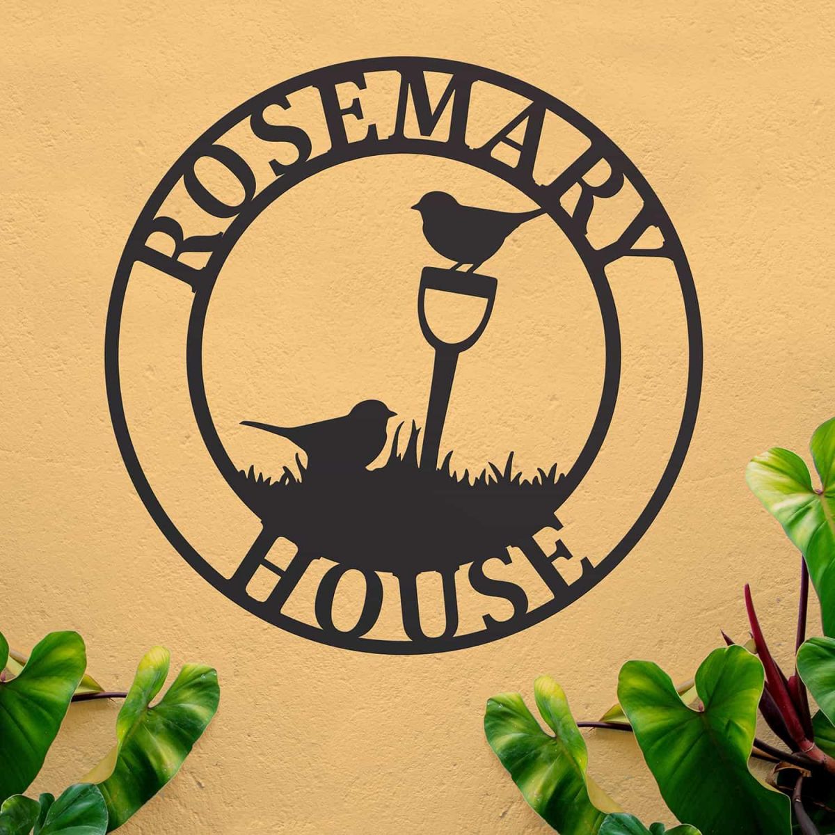 Circular Steel House Name Sign with "Gardening Robins" Motif