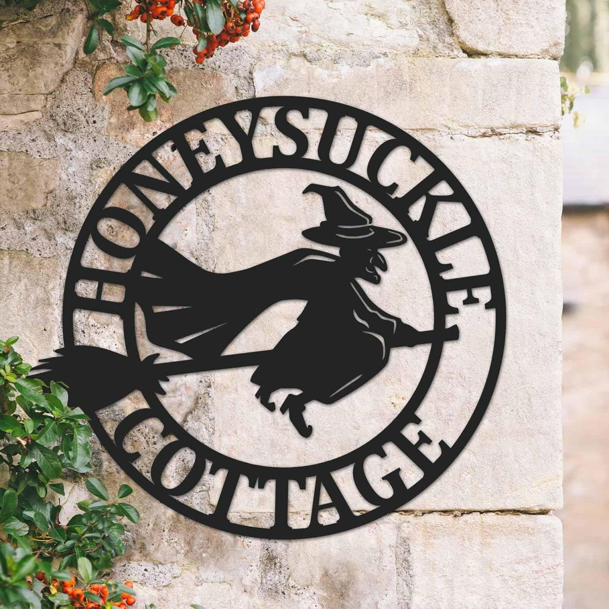 Circular Steel "Witch on Broom" House Name Sign 