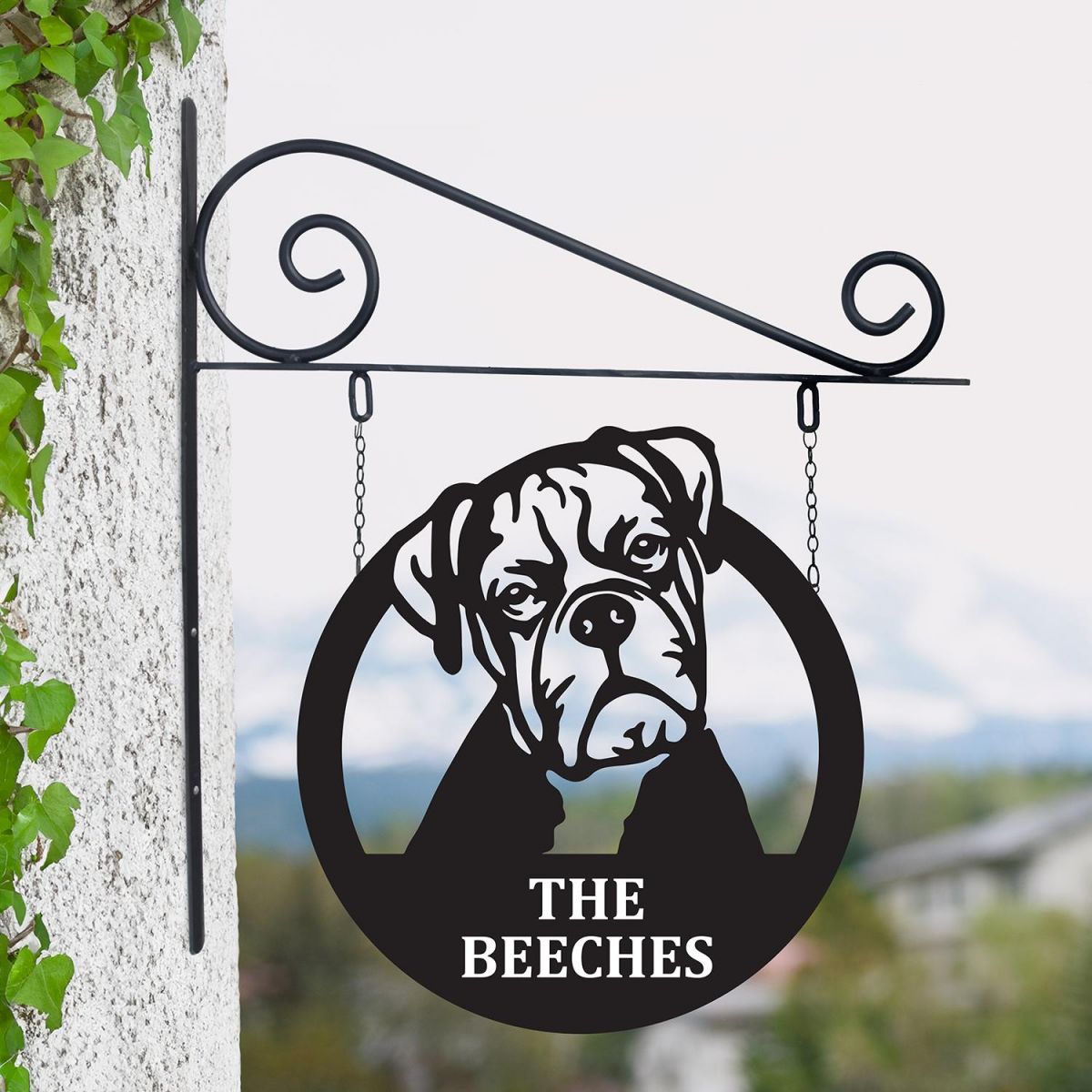 Circular Steel Boxer Dog Hanging House Name Sign