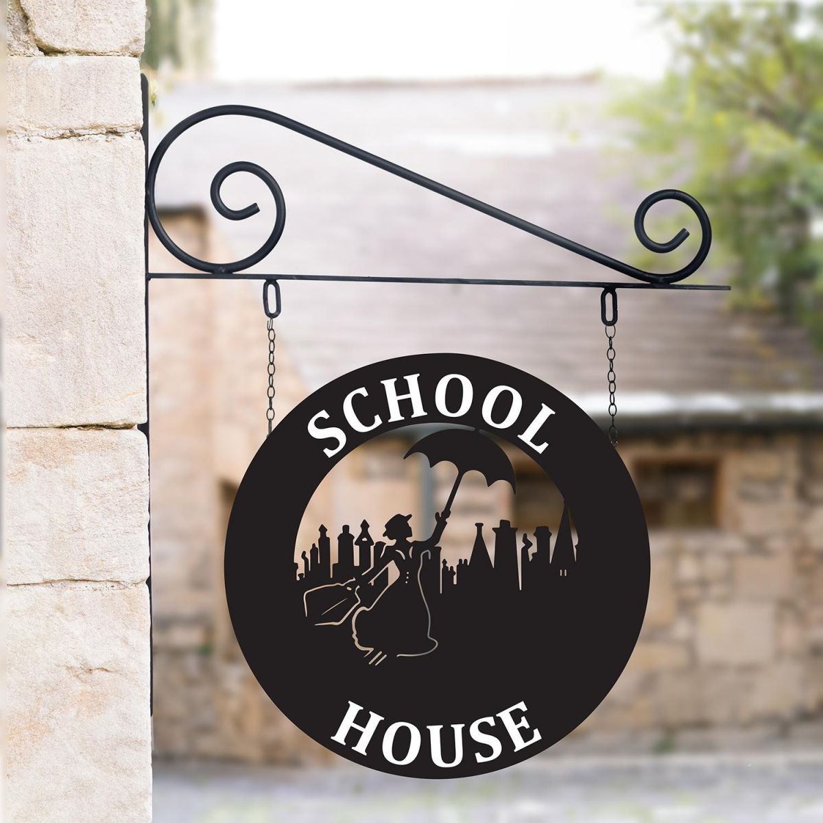 Circular Steel Mary Poppins Hanging House Name Sign in Situ