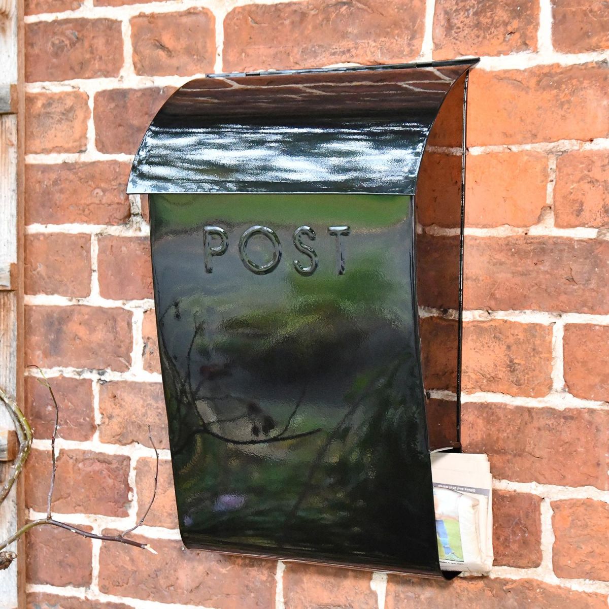 "Cityscape" Black Contemporary Post Box With Lock and Newspaper Holder in Situ