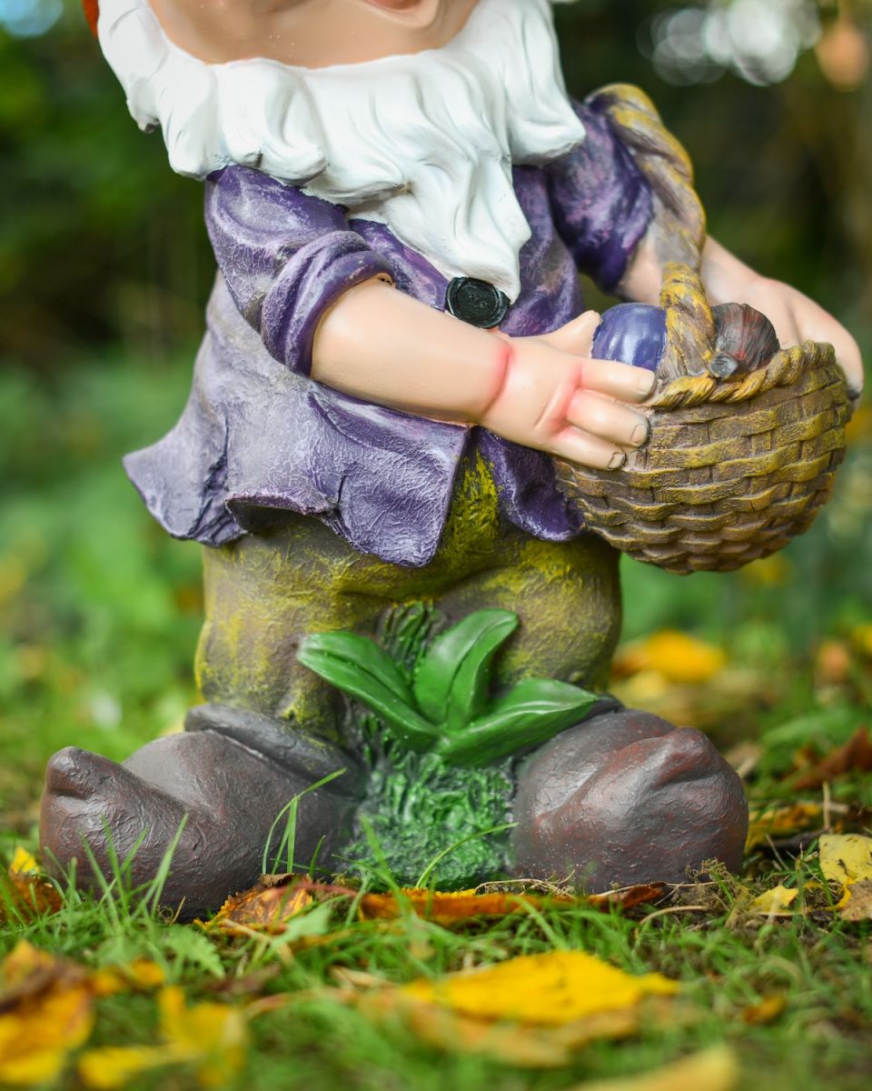 Close up of intricate body detail on colourful garden gnome sculpture Close up of intricate body detail on colourful garden gnome sculpture