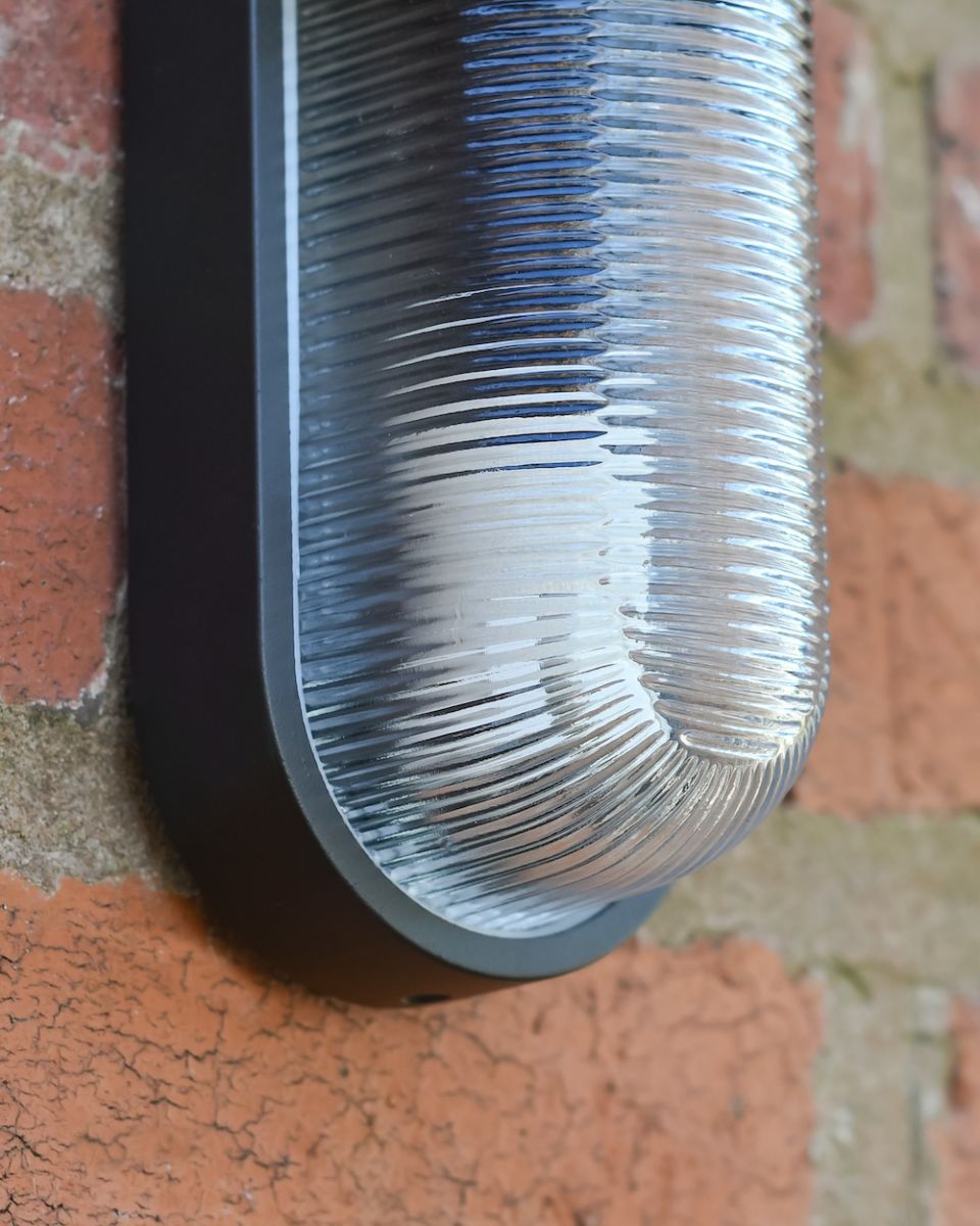 Close up of ribbed glass detail on garden wall light