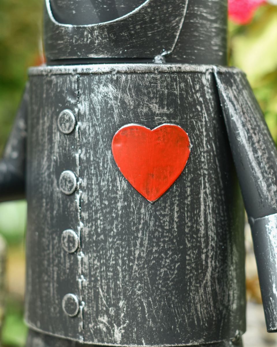 Close up of heart on Small Tin Man Garden Sculpture