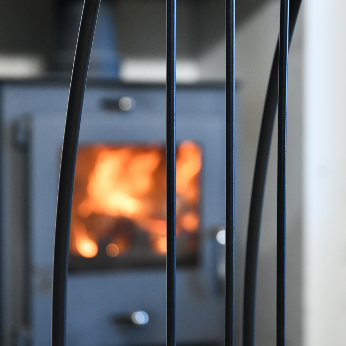Close up of traditional black wood burner companion set