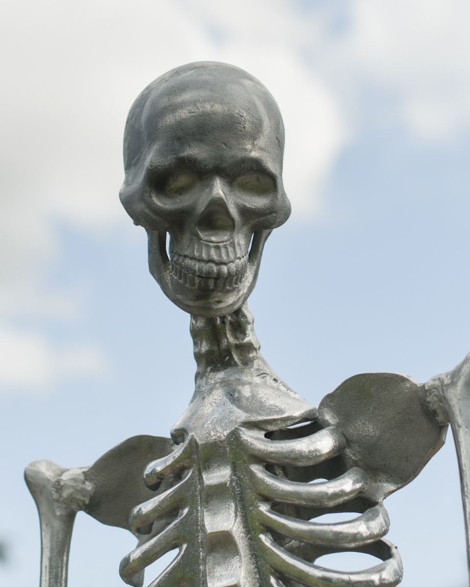 Close up of intricate face detail on silver skeleton garden sculpture