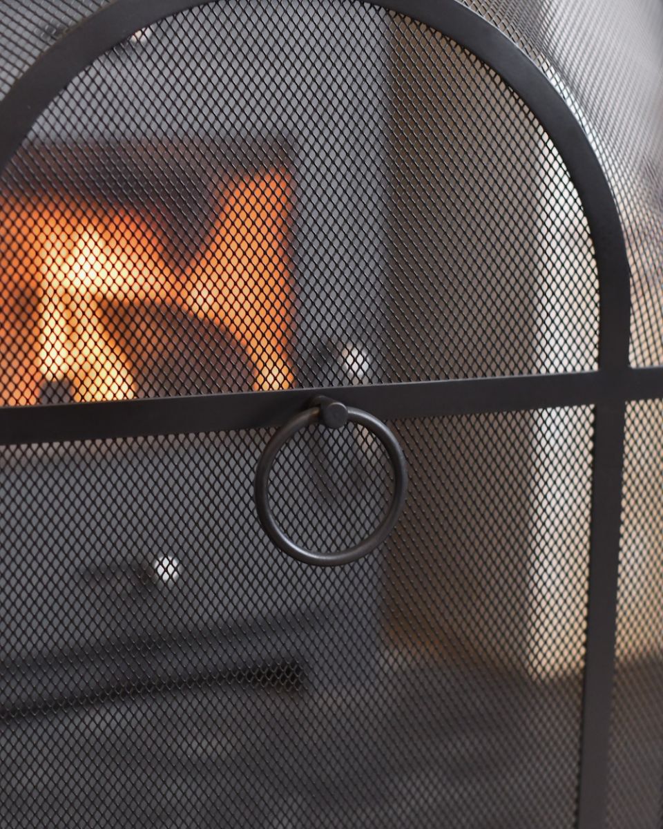 Close up of metal ring pull circular handle detail on fire guard