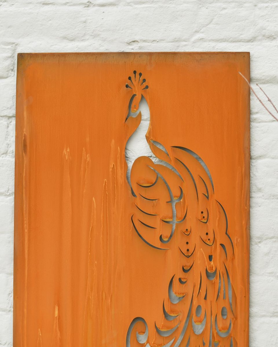 Close up of intricate cut out peacock detail on garden wall screen