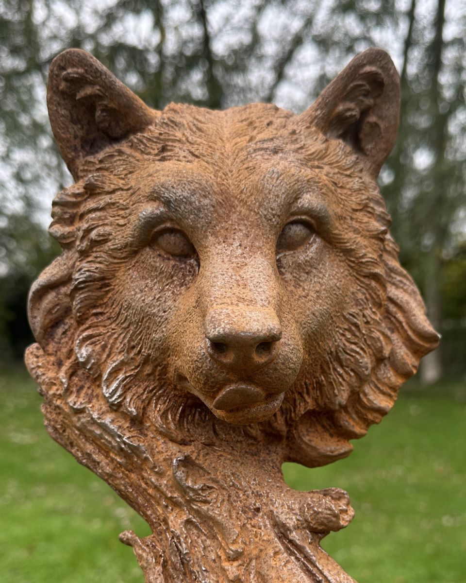 Close up of intricate detail on Rustic Cast Iron Wolf Face Sculpture