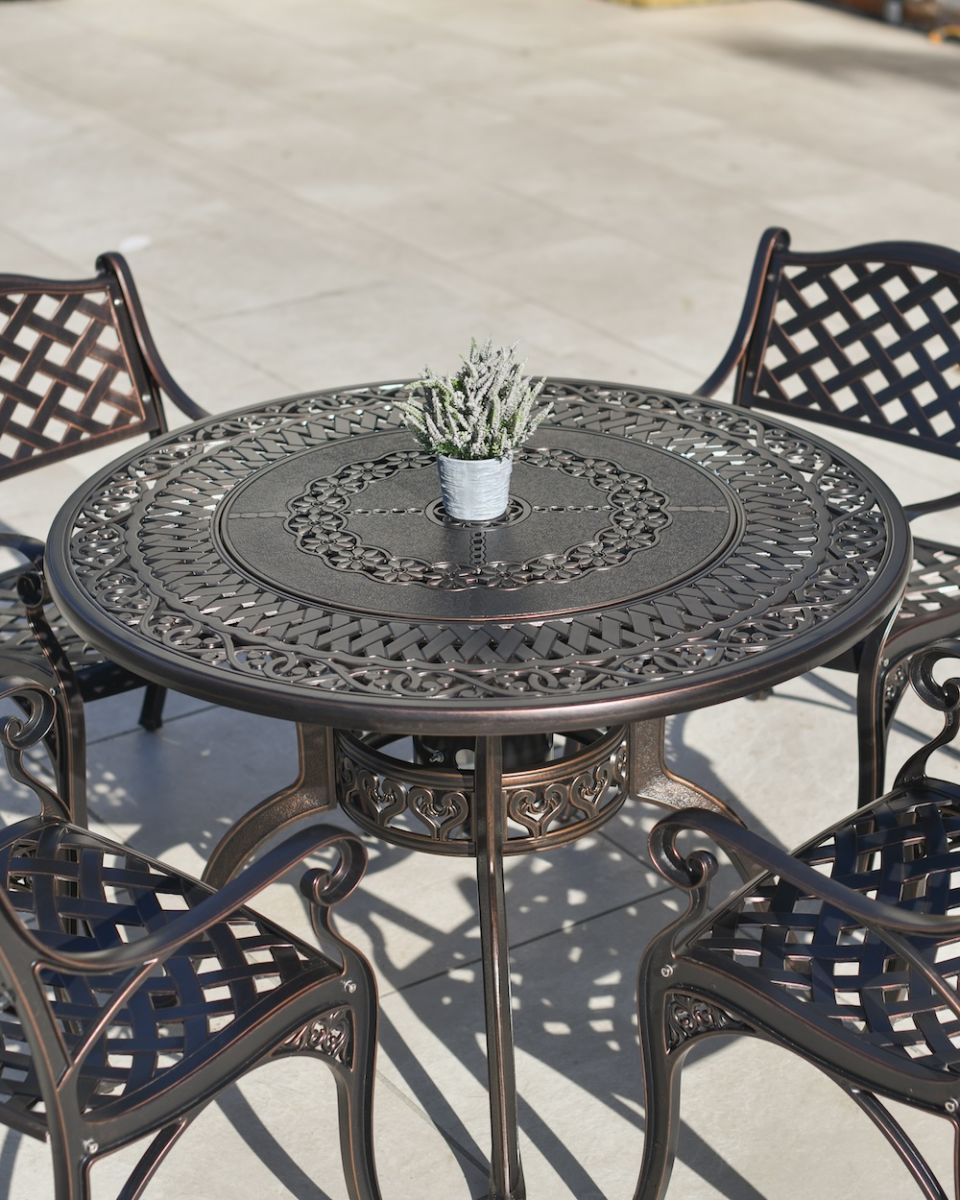 detailed look at antique copper table and chairs with grill top 