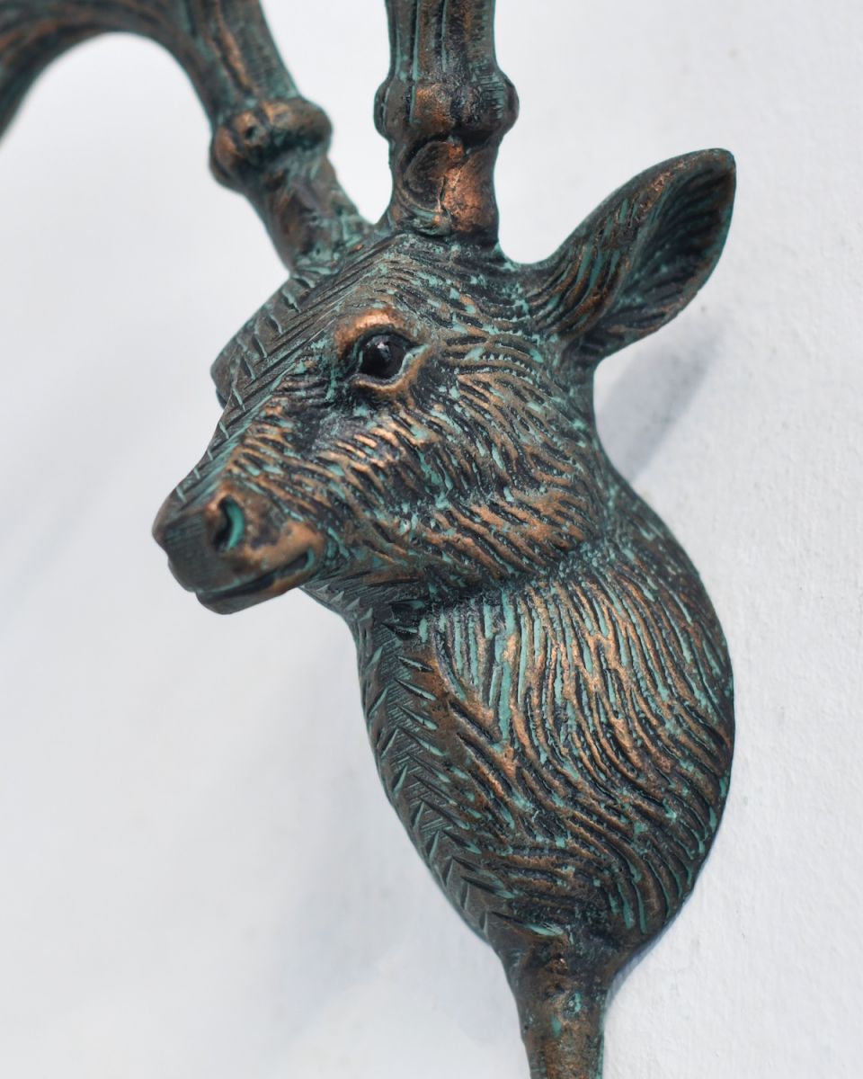 Close up of intricate detail on elk head coat hook