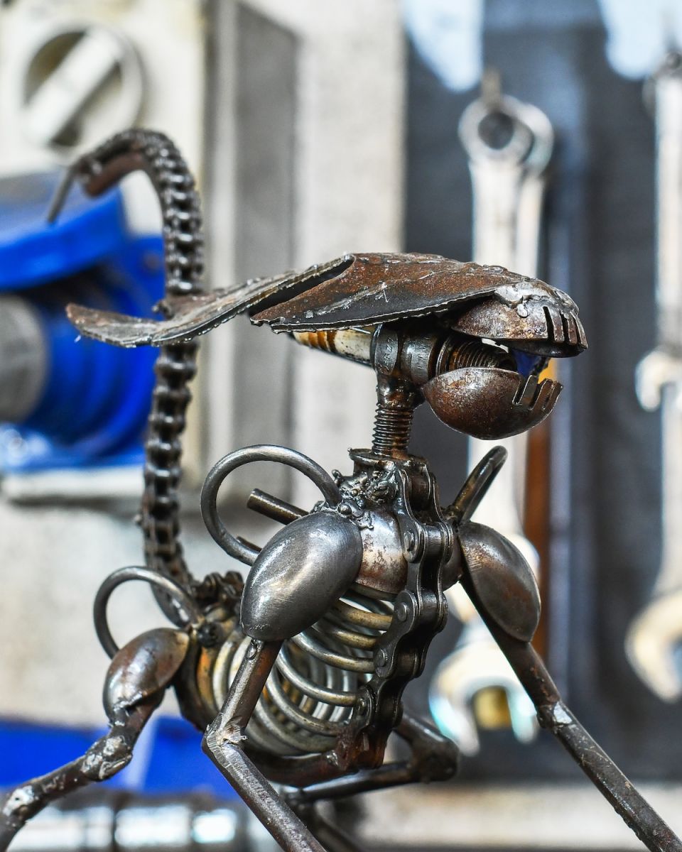Close up of "Vortex" the Recycled Metal Alien Sculpture