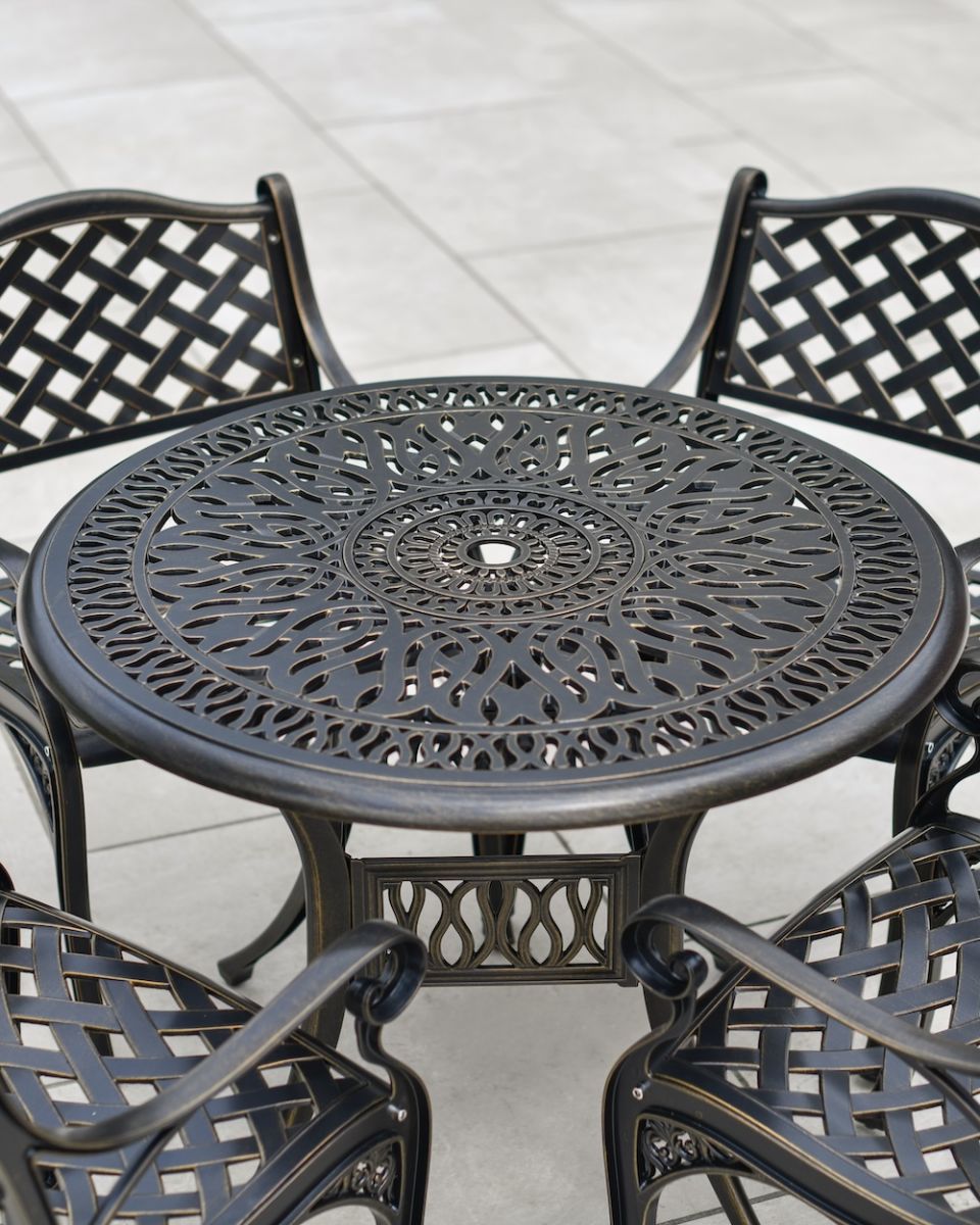 close up of aluminium lattice detail on tabletop with parasol hole