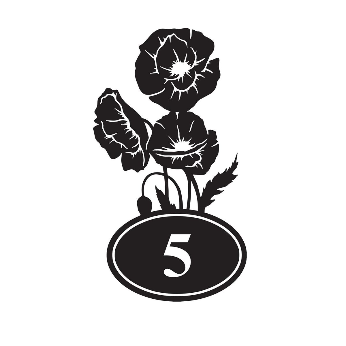 Cluster of Poppies Iron House Number Sign Finished in Black With White Numbering