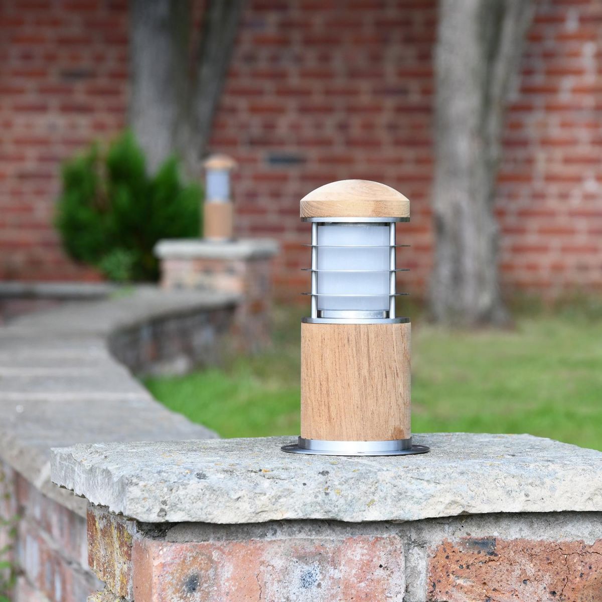 Compact Driveway Wooden Bollard Light in Situ on a Brick Wall