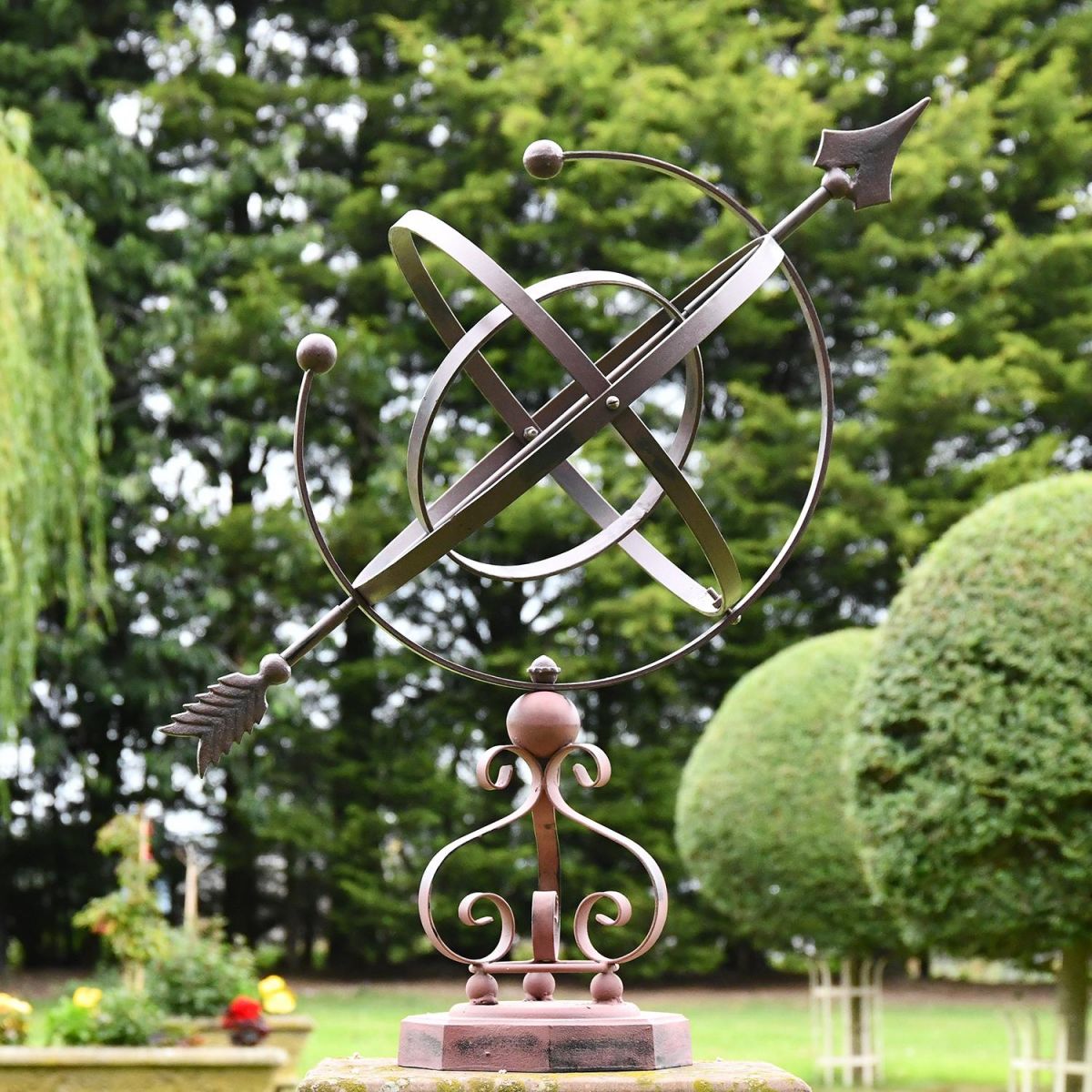 Wrought Iron Scroll Design Armillary Sundial Finished in a Rustic Brown