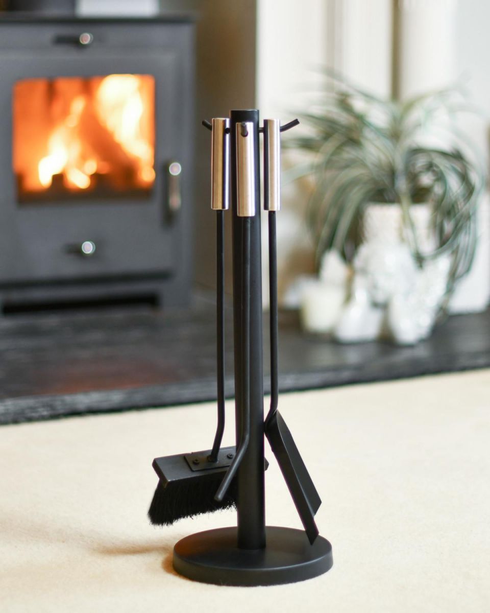 Contemporary Three Piece Companion Set With Brushed Steel Handles In Situ